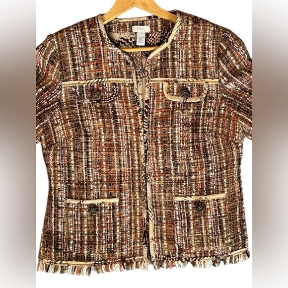 Chicos Womens Fringe Tweed Ina Wool Blend Jacket Blazer Animal Print Lining Trim - Picture 4 of 9